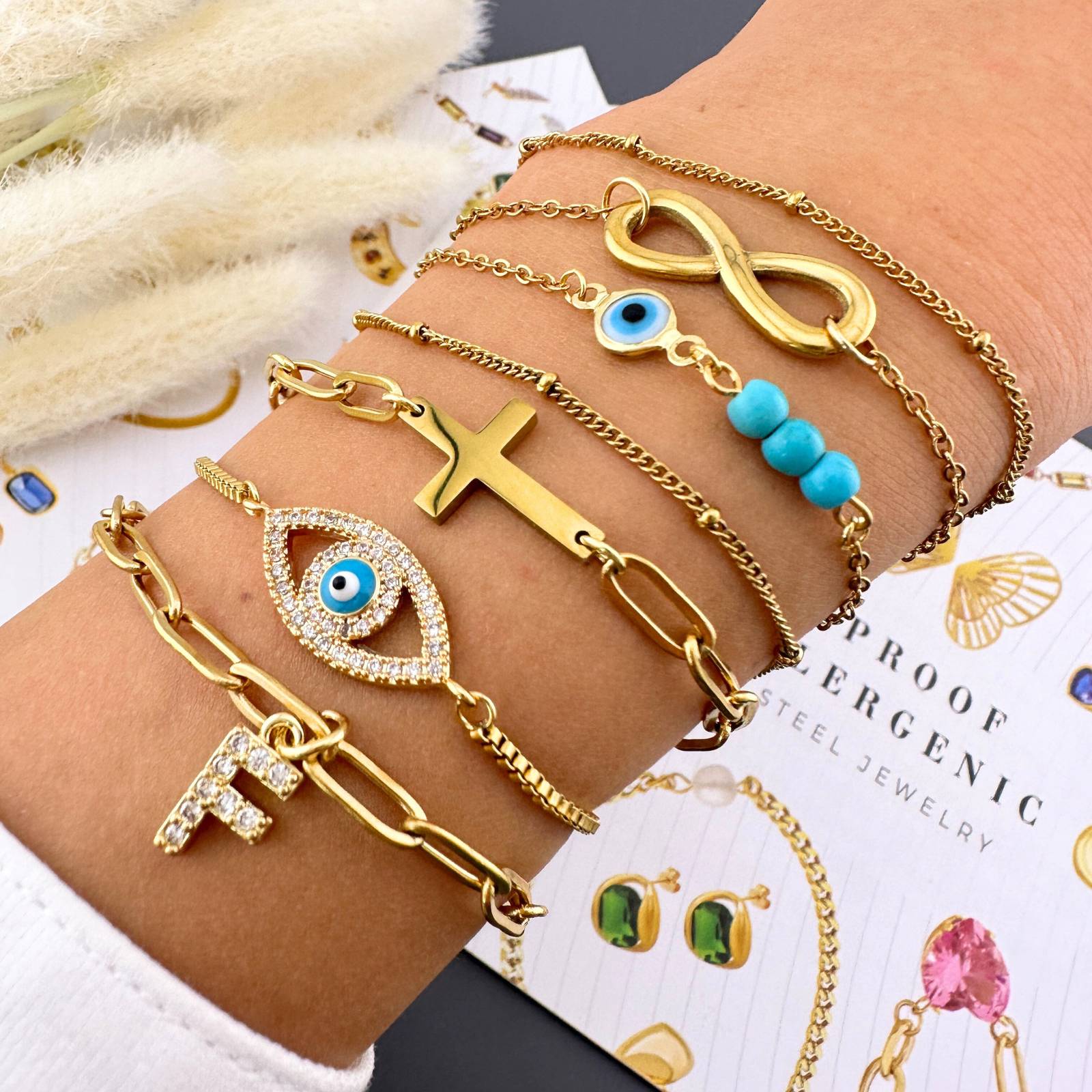 Evil Eye Bracelet, 18K Gold Plated Steel