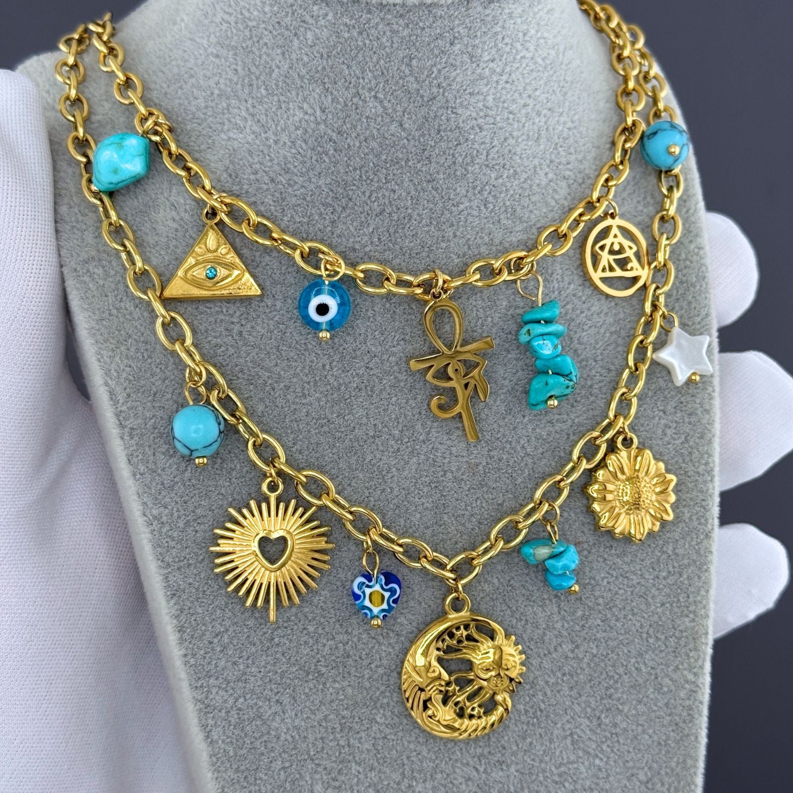 Crescent And Sun Necklace, 18K Gold Plated Steel