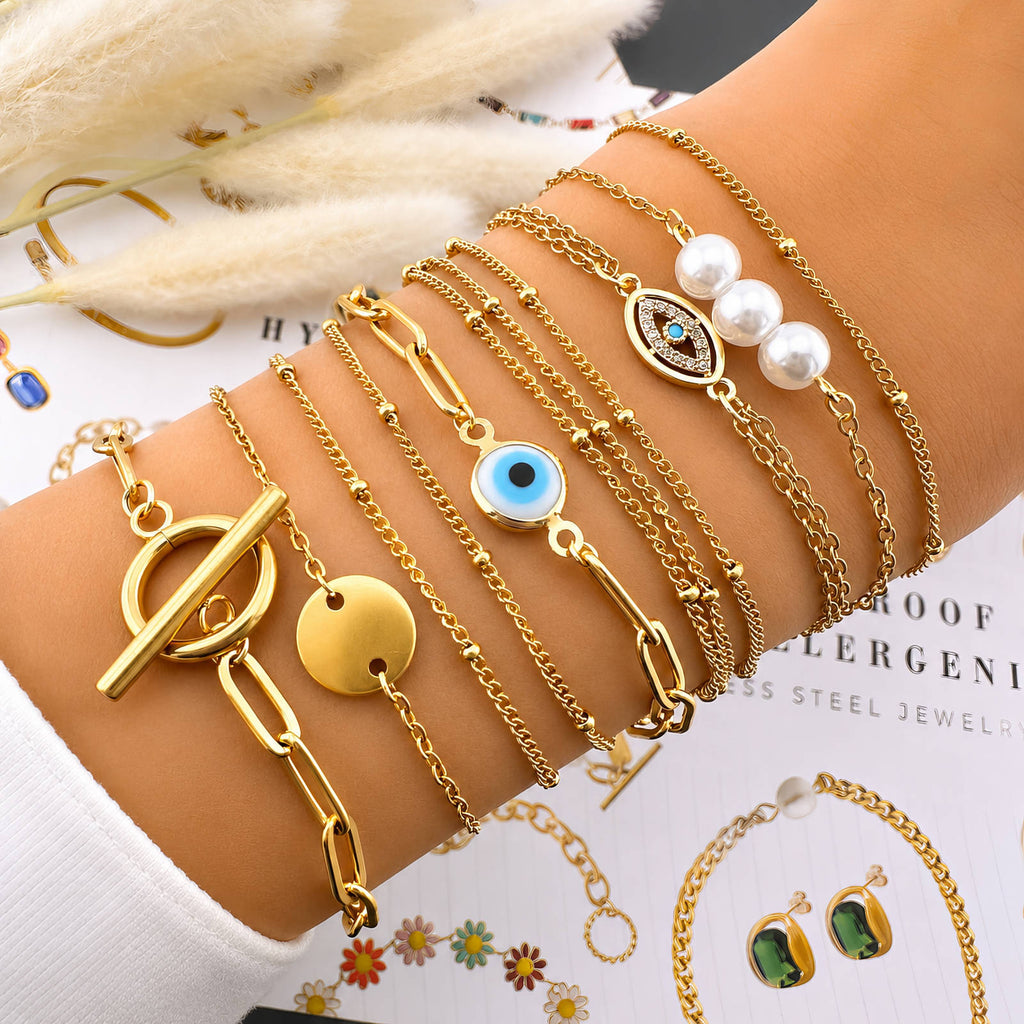 Evil Eye Bracelet, 18K Gold Plated Steel