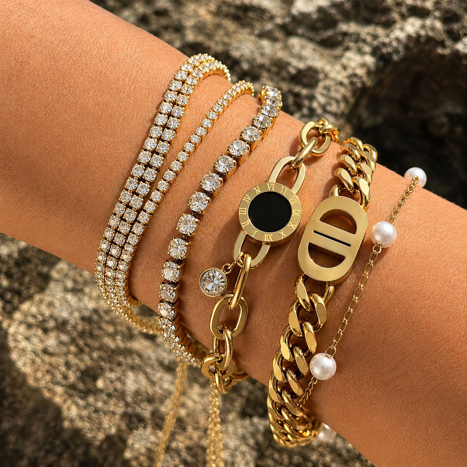 Tennis Bracelet, 18K Gold Plated Steel