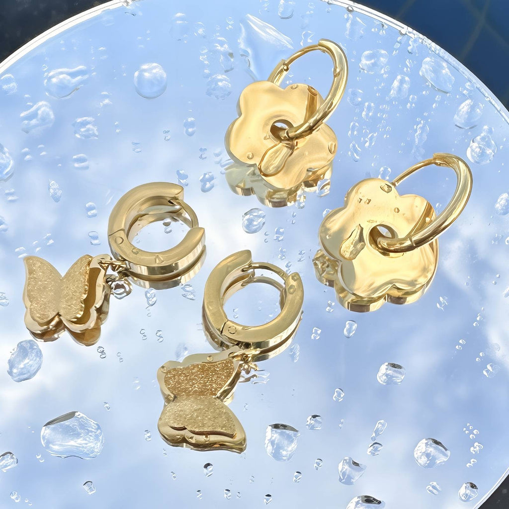 Flowers Earrings, 18K Gold Plated Steel