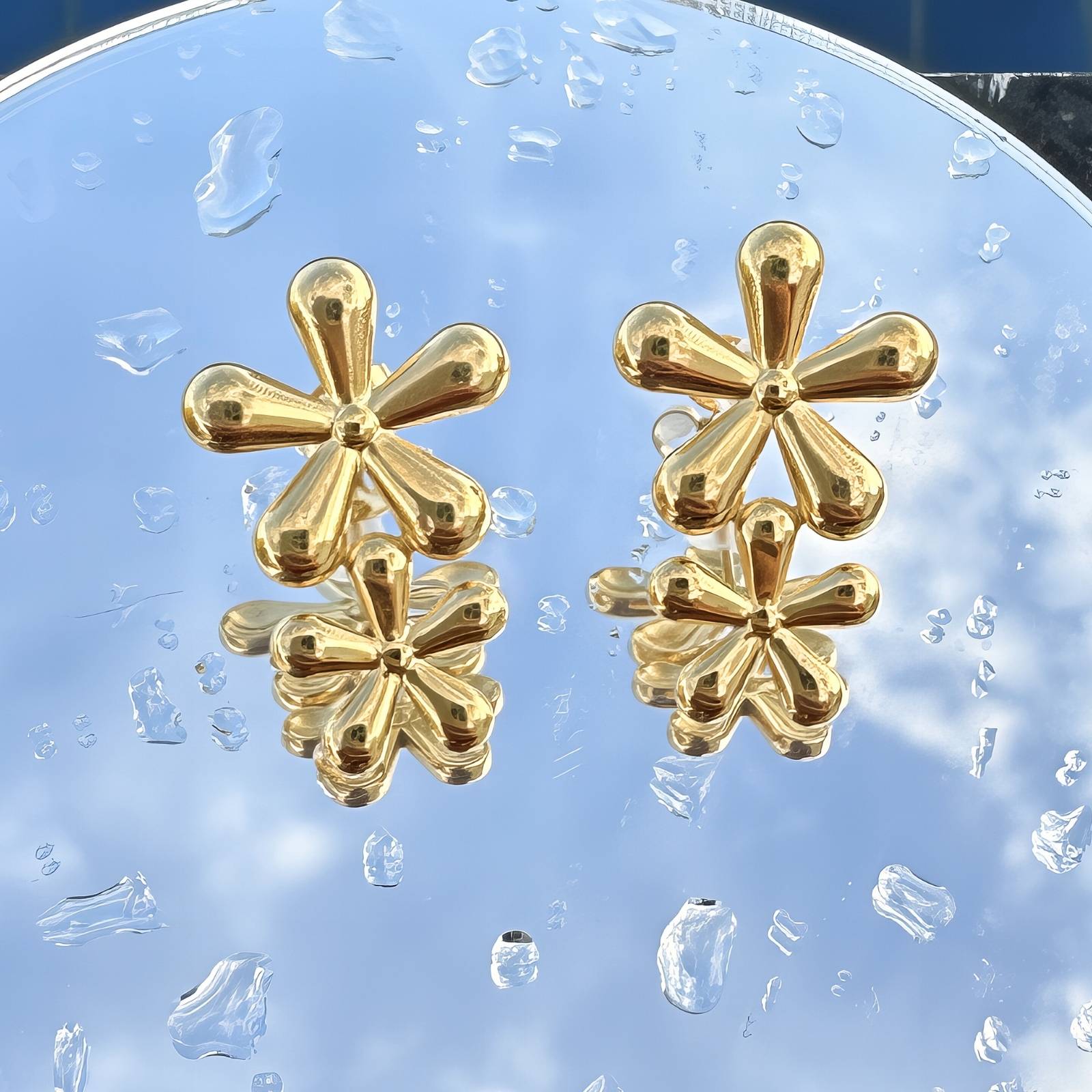 Flowers Earrings, 18K Gold Plated Steel