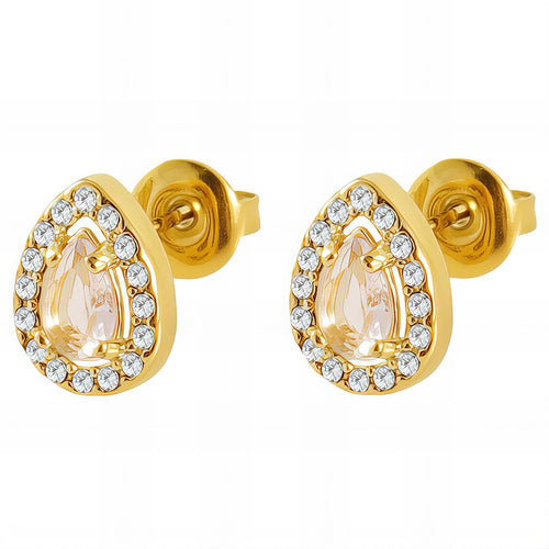Cleo Teardrop Halo Studs Waterproof Gold Earrings for Women by VYRA Jewellery - waterproof tarnish-resistant gold earrings