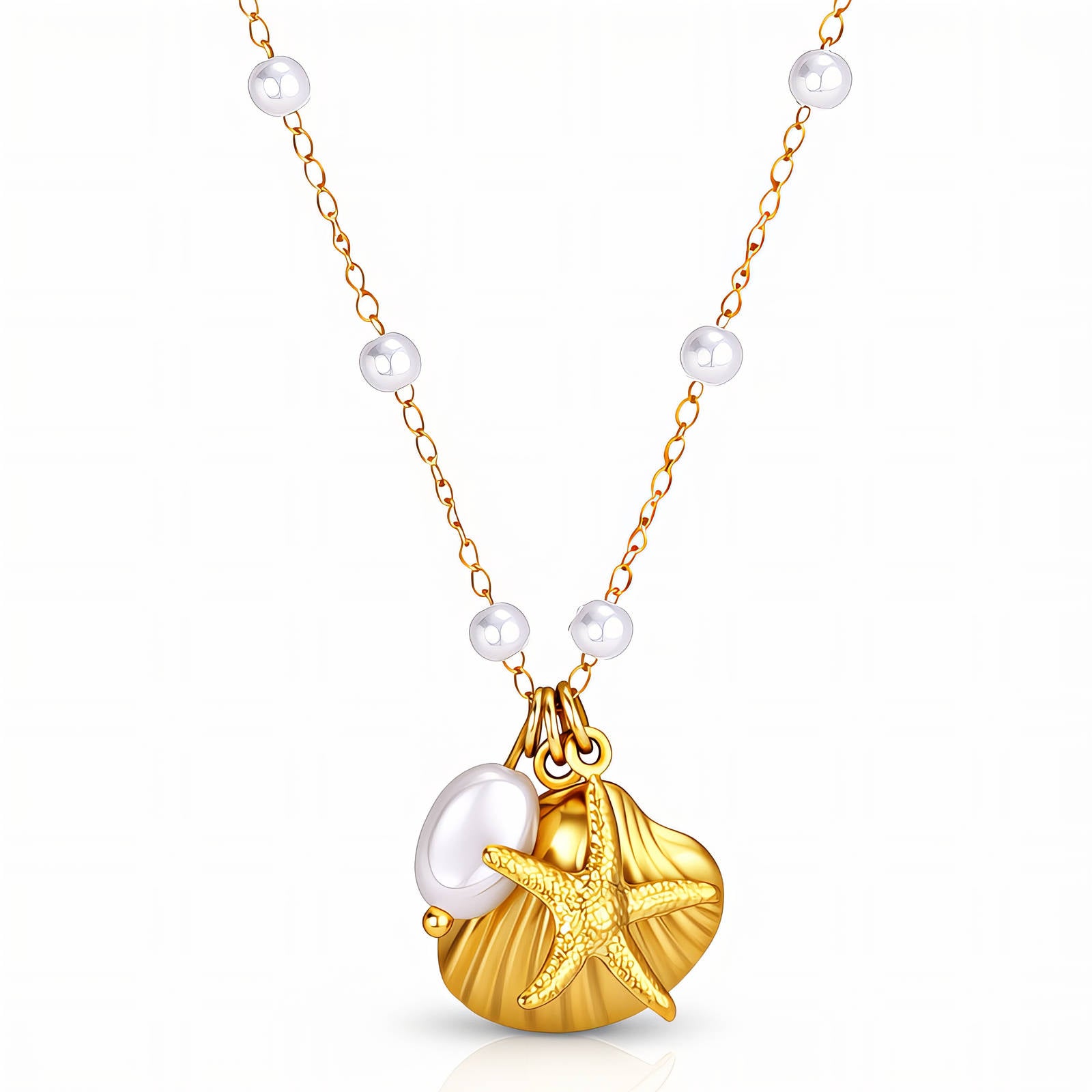 Starfish And Seashell Necklace, 18K Gold Plated Steel