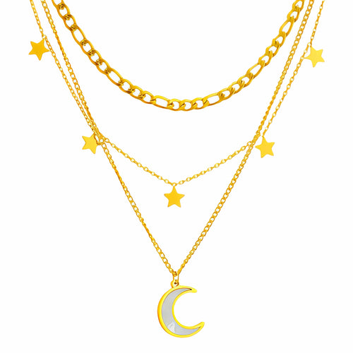 Crescent Moon Star Waterproof Gold Necklace for Women by VYRA Jewellery - waterproof tarnish-resistant gold necklace
