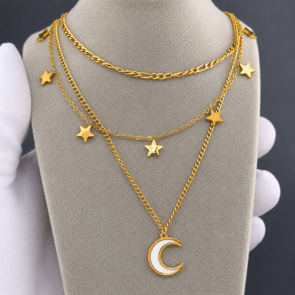 Crescent And Star Necklace, 18K Gold Plated Steel