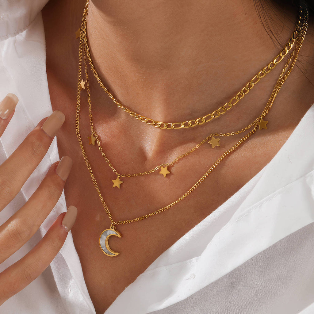 Crescent And Star Necklace, 18K Gold Plated Steel