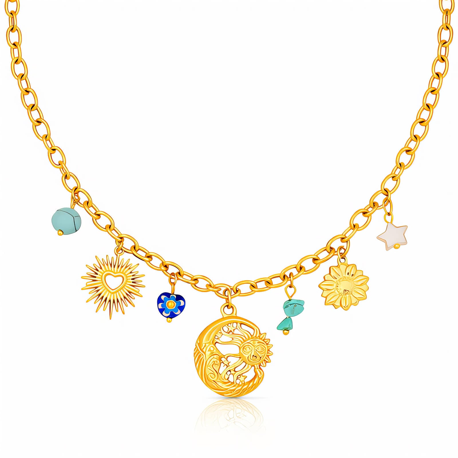 Crescent And Sun Necklace, 18K Gold Plated Steel