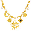 Crescent And Sun Necklace, 18K Gold Plated Steel