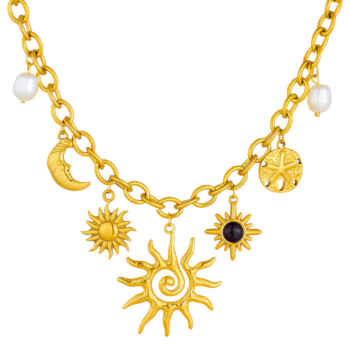 Gold Crescent and Sun Necklace - waterproof tarnish-free hypoallergenic necklace by VYRA