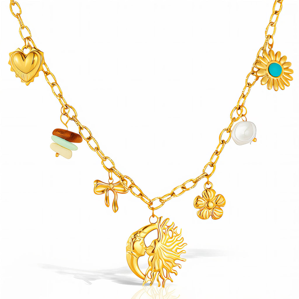 Sun And Moon Necklace, 18K Gold Plated Steel