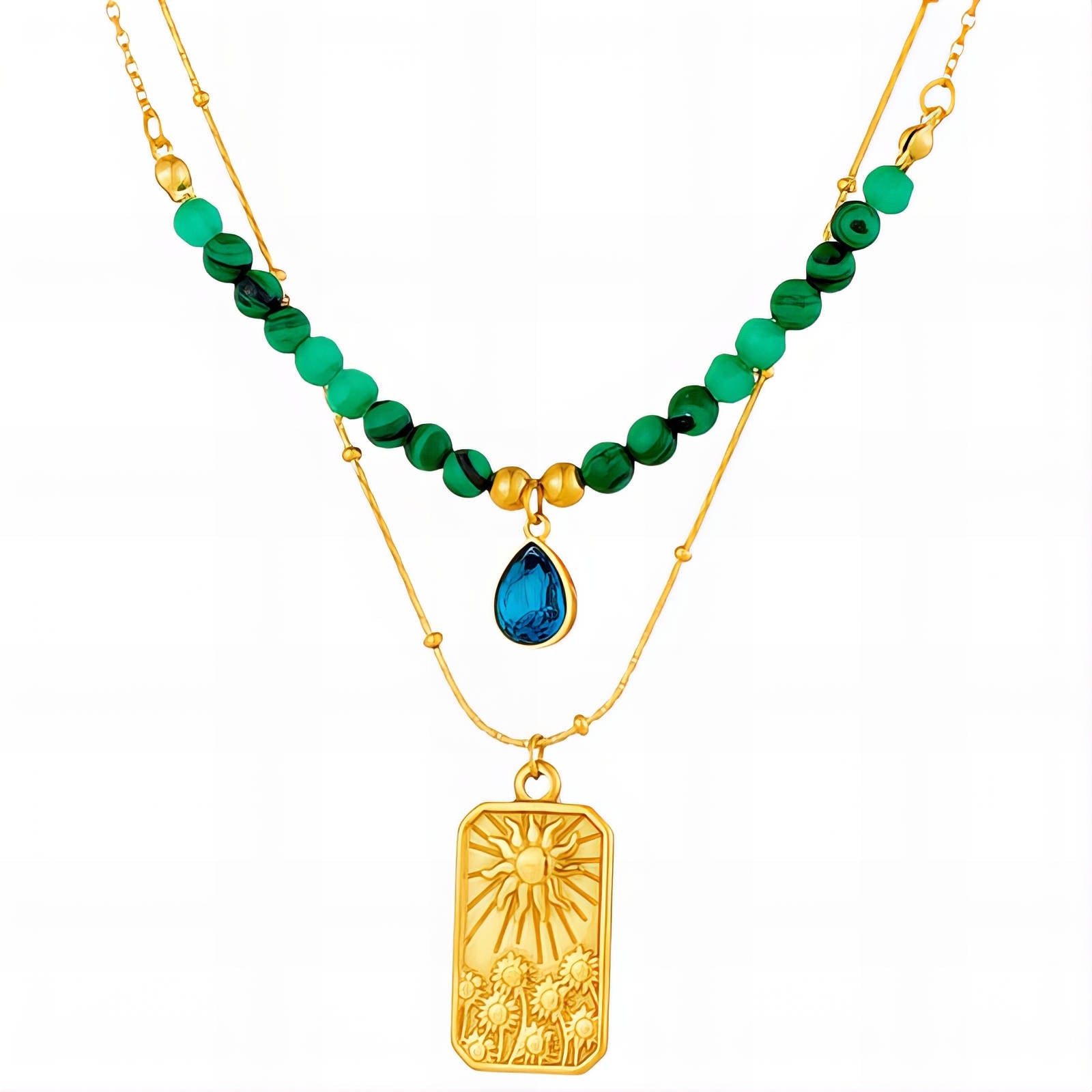 Luna Emerald Beaded Sun Layered Waterproof Gold Necklace for Women by VYRA Jewellery - waterproof tarnish-resistant gold necklace