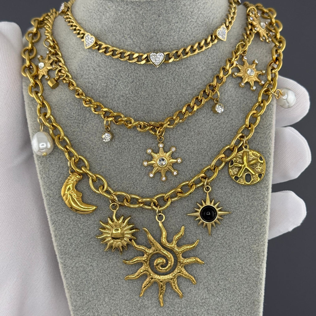 Crescent And Sun Necklace, 18K Gold Plated Steel