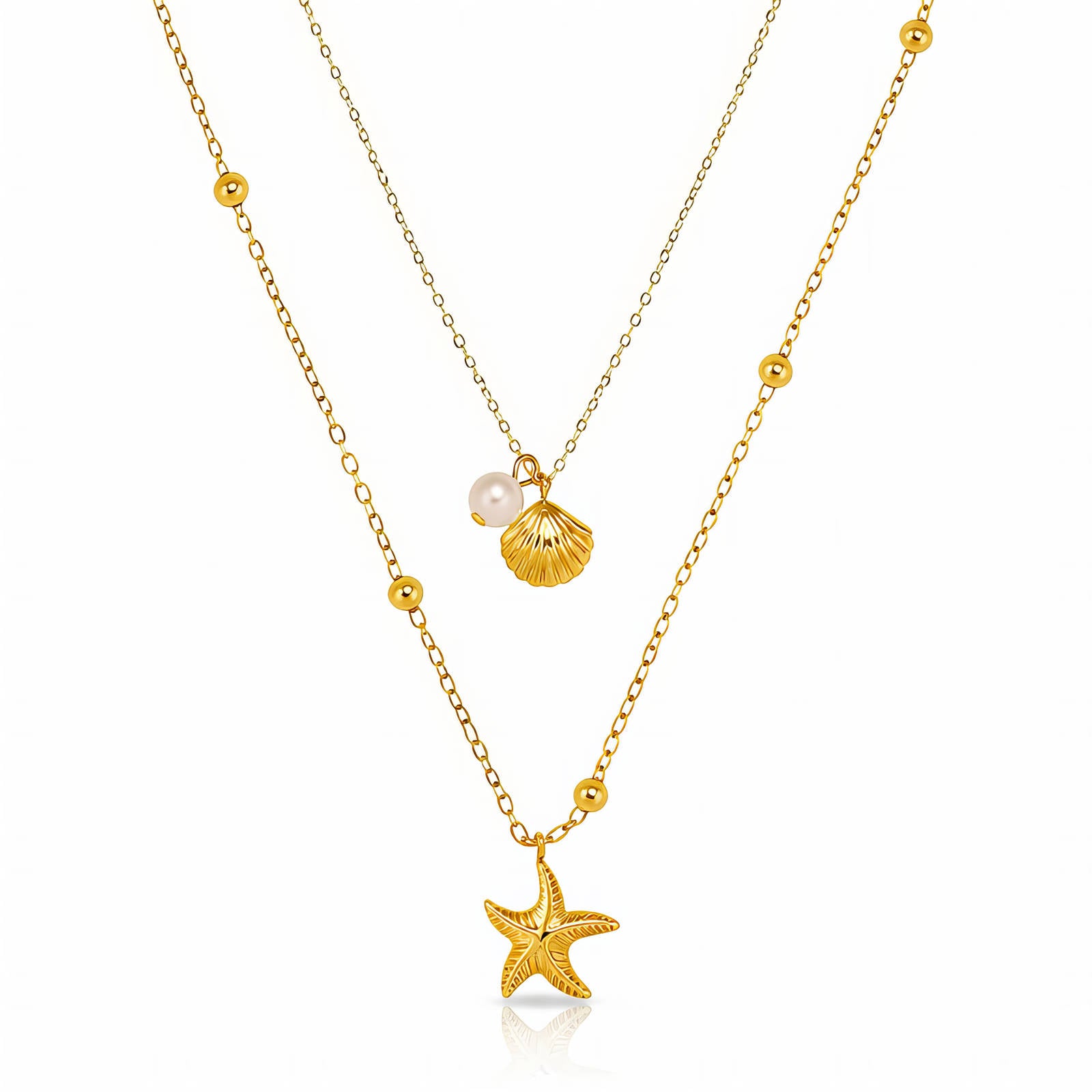 Starfish And Seashell Necklace, 18K Gold Plated Steel