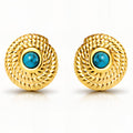 Gold Twisted Rope Turquoise Button Earrings