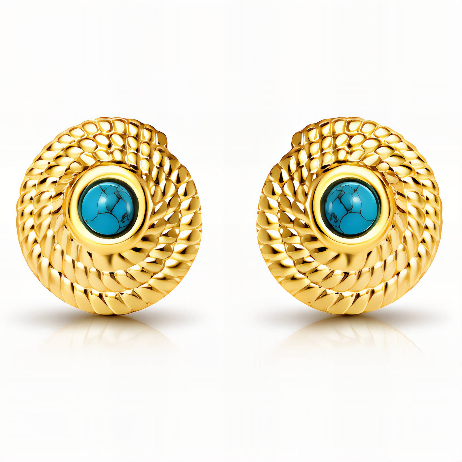 Gold Twisted Rope Turquoise Button Earrings