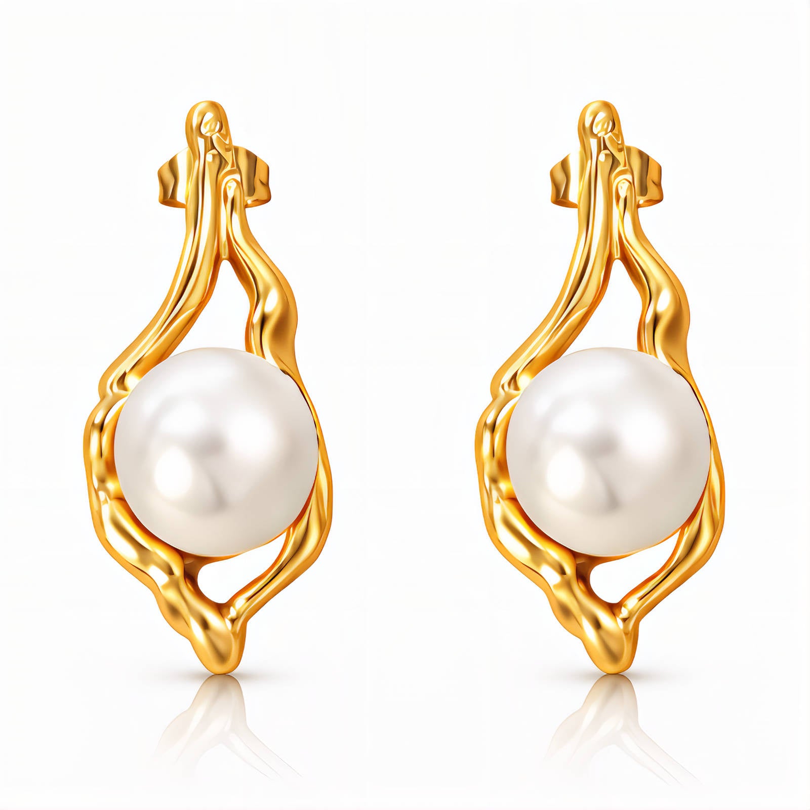 Sculptural Molten Gold & Floating Pearl Earrings