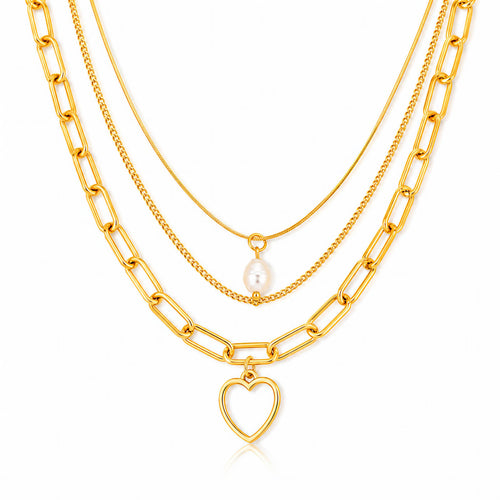 Cleo Tiered Heart Pearl Waterproof Gold Necklace for Women by VYRA Jewellery - waterproof tarnish-resistant gold necklace