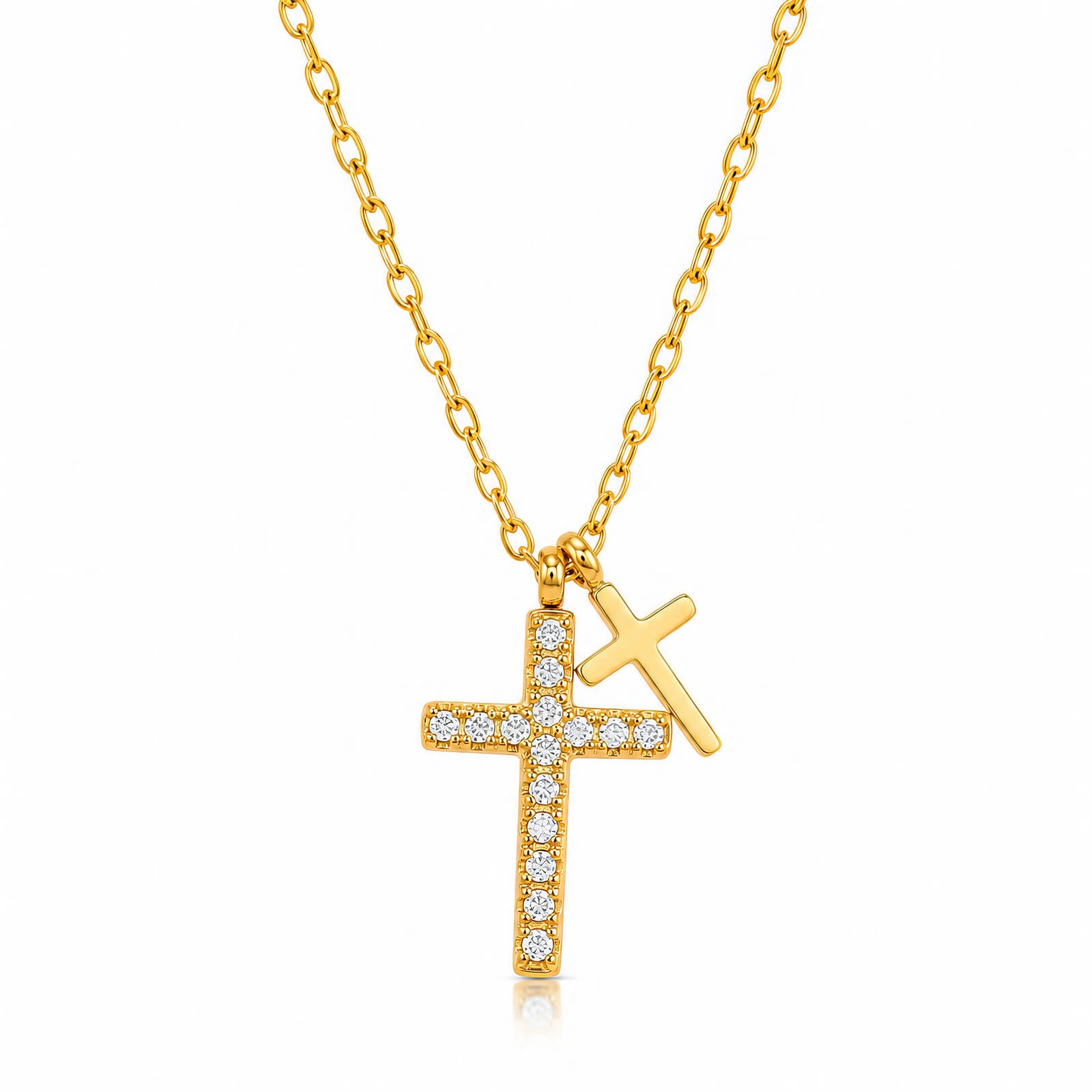 Cruz Double Cross Charm Waterproof Gold Necklace for Women by VYRA Jewellery - waterproof tarnish-resistant gold necklace