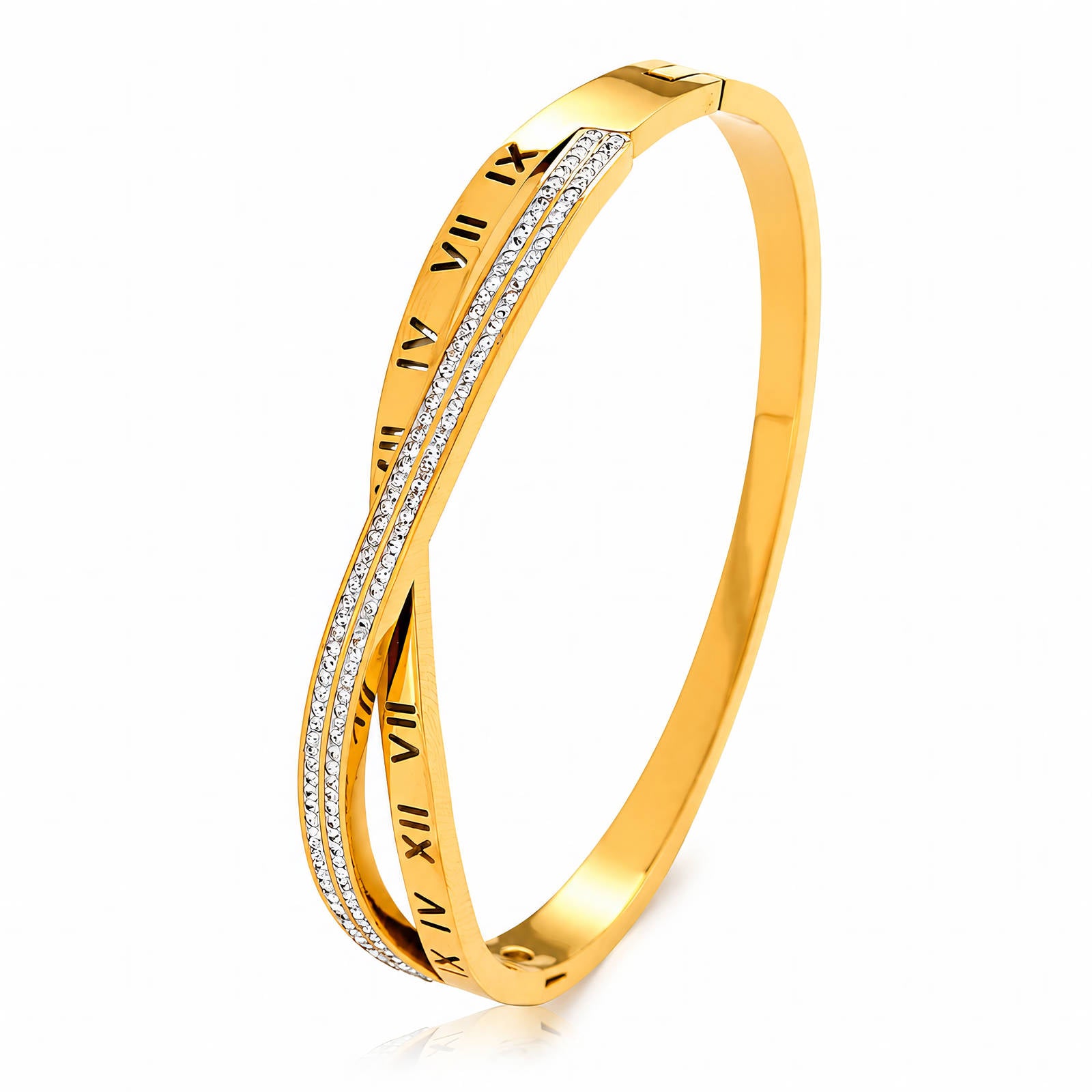 Zuri Crossover Roman Numeral Bangle Waterproof Gold Bracelet for Women by VYRA Jewellery - waterproof tarnish-resistant gold bracelet