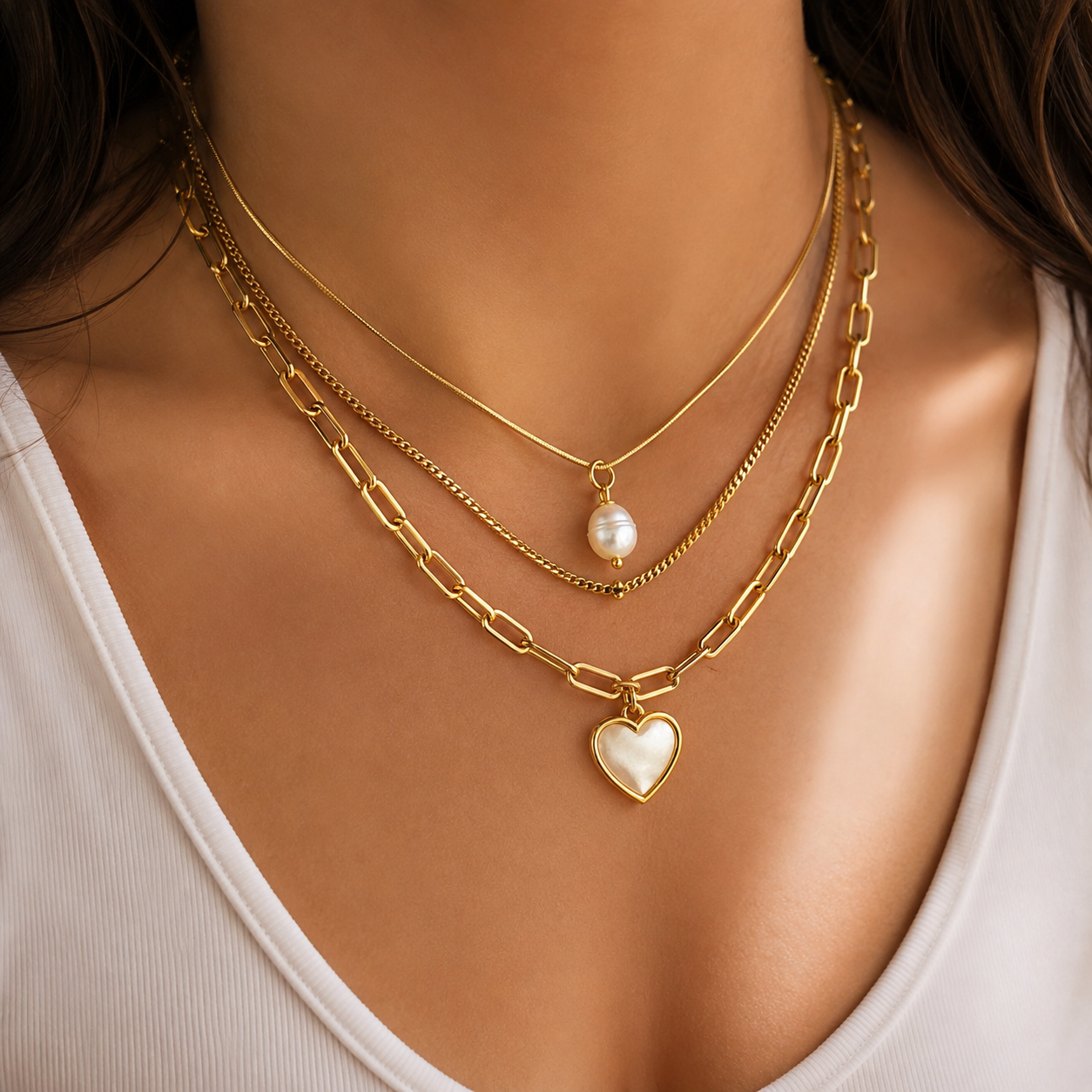 Cleo Tiered Heart Pearl Waterproof Gold Necklace for Women