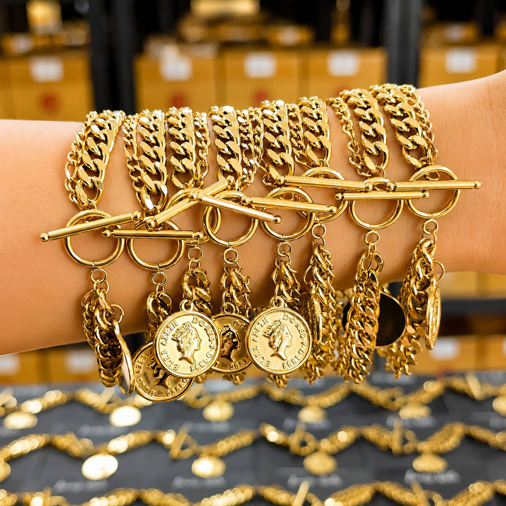 Coin Bracelet, 18K Gold Plated Steel